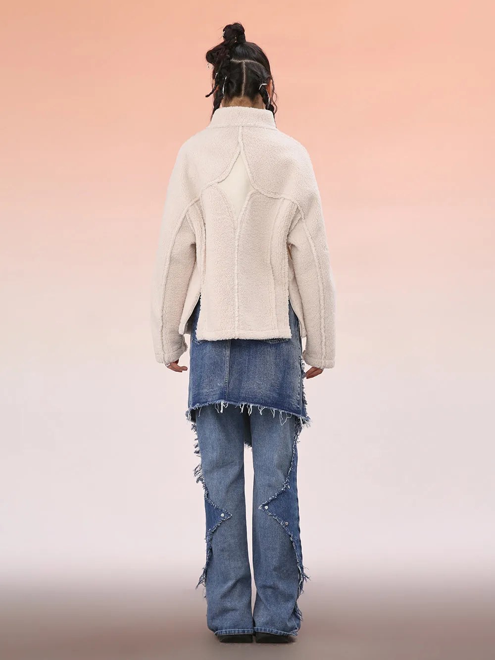 MUKZIN White Cropped Wool Splicing Jacket