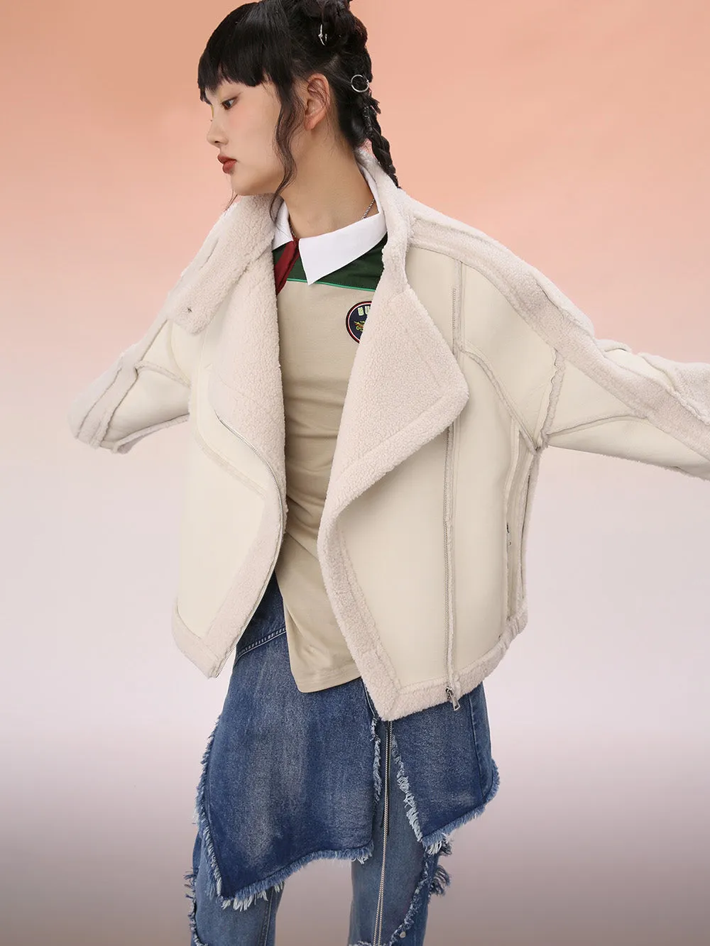 MUKZIN White Cropped Wool Splicing Jacket