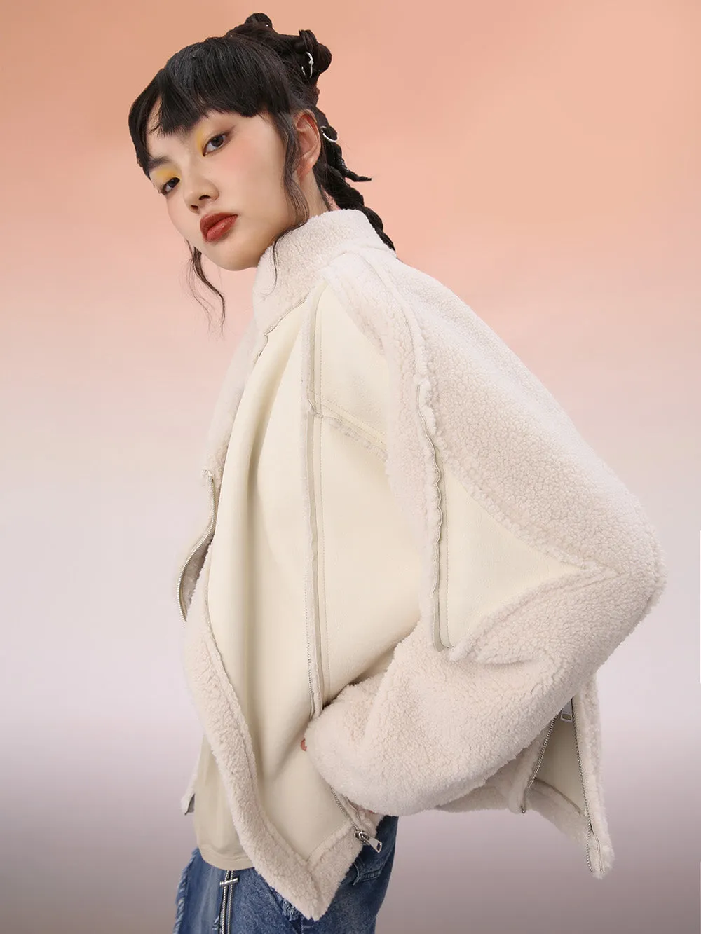 MUKZIN White Cropped Wool Splicing Jacket