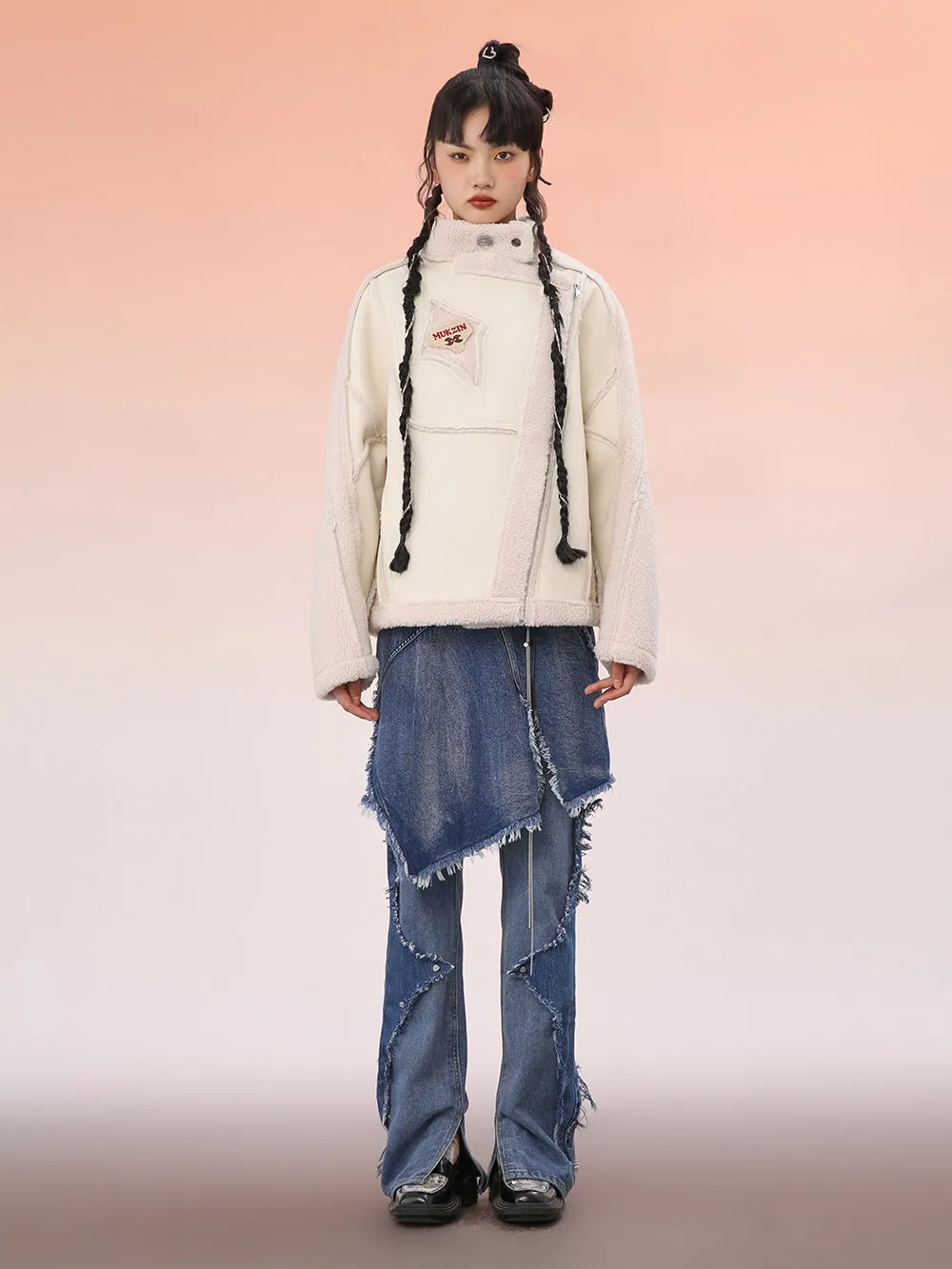 MUKZIN White Cropped Wool Splicing Jacket