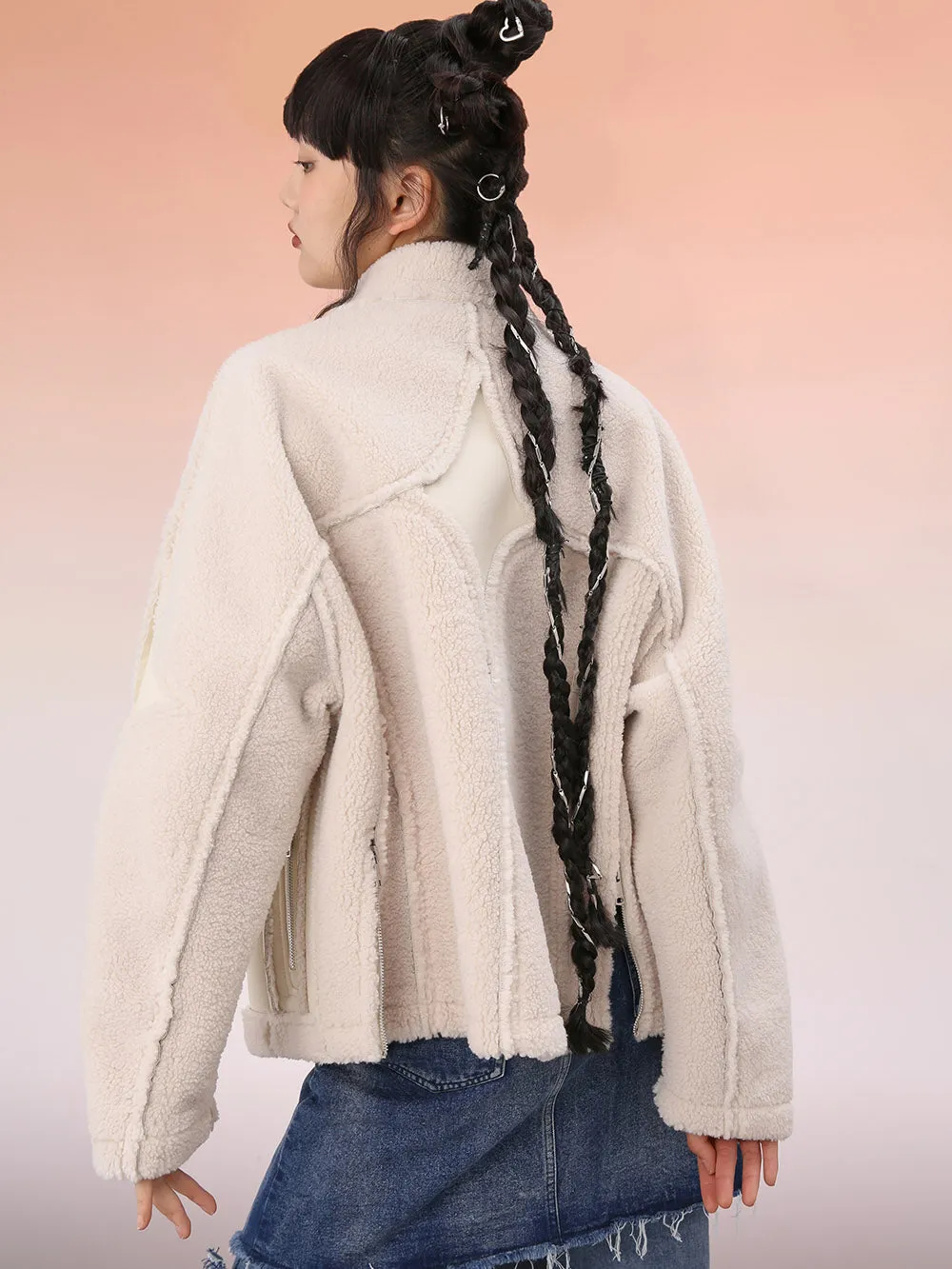 MUKZIN White Cropped Wool Splicing Jacket