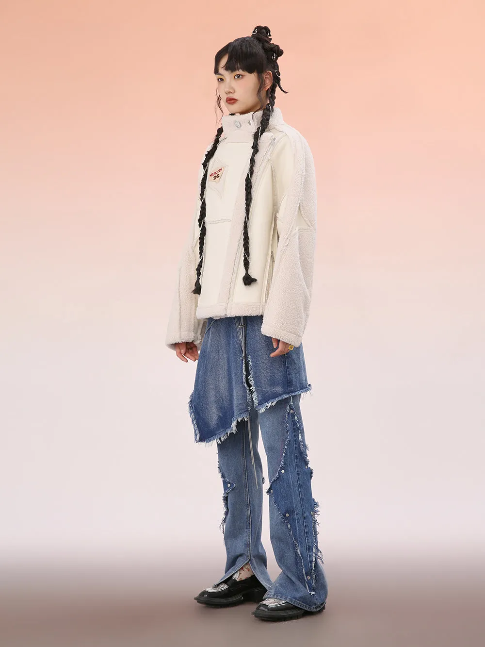 MUKZIN White Cropped Wool Splicing Jacket