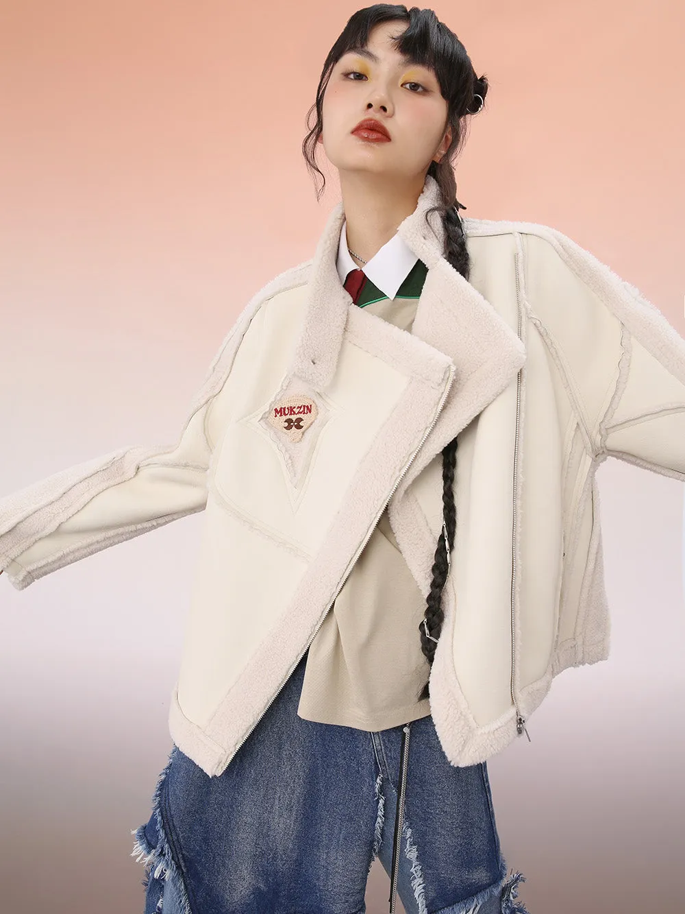 MUKZIN White Cropped Wool Splicing Jacket