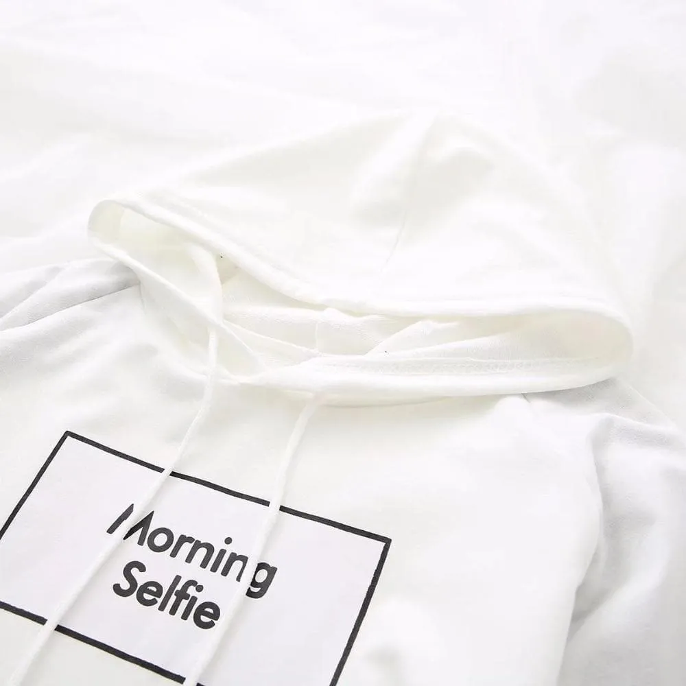 "Morning Selfie" Hoodie with Striped Sleeves