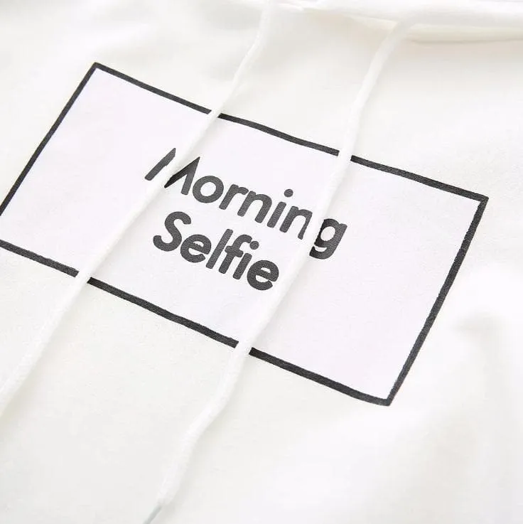 "Morning Selfie" Hoodie with Striped Sleeves