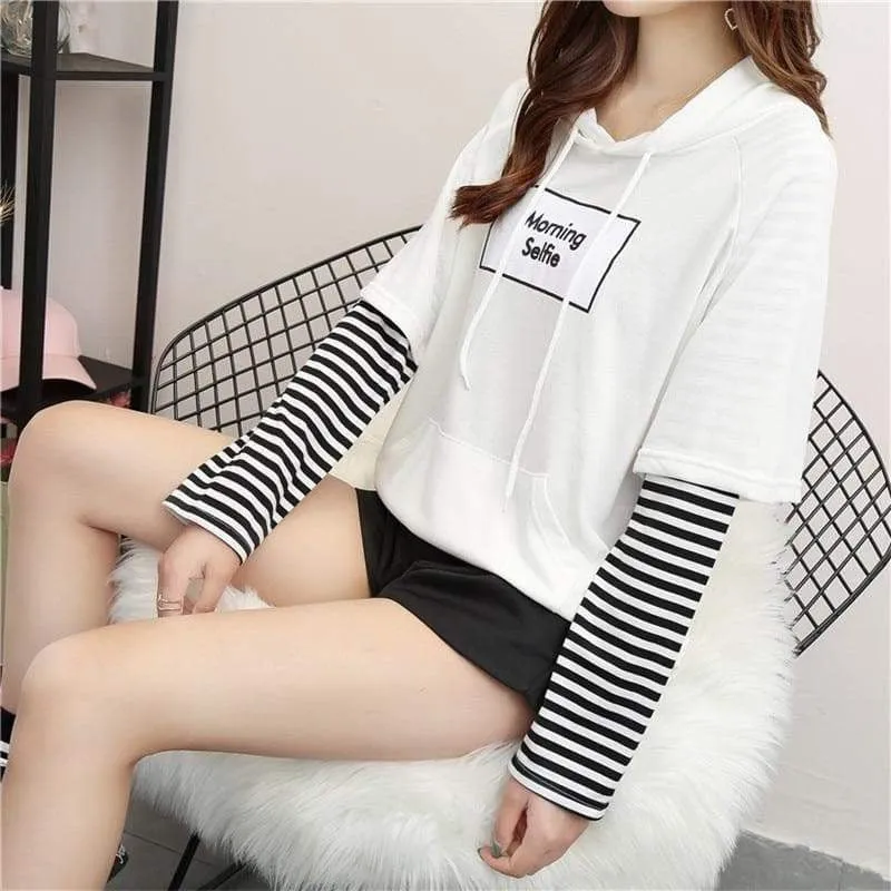 "Morning Selfie" Hoodie with Striped Sleeves
