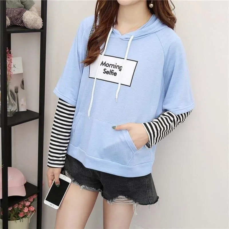 "Morning Selfie" Hoodie with Striped Sleeves