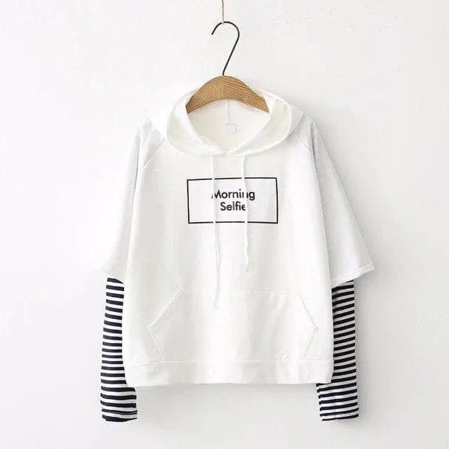 "Morning Selfie" Hoodie with Striped Sleeves