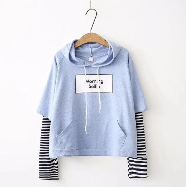 "Morning Selfie" Hoodie with Striped Sleeves