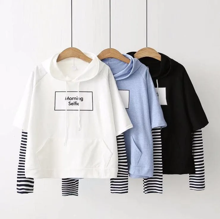 "Morning Selfie" Hoodie with Striped Sleeves