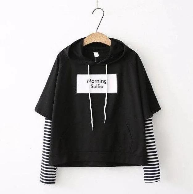 "Morning Selfie" Hoodie with Striped Sleeves