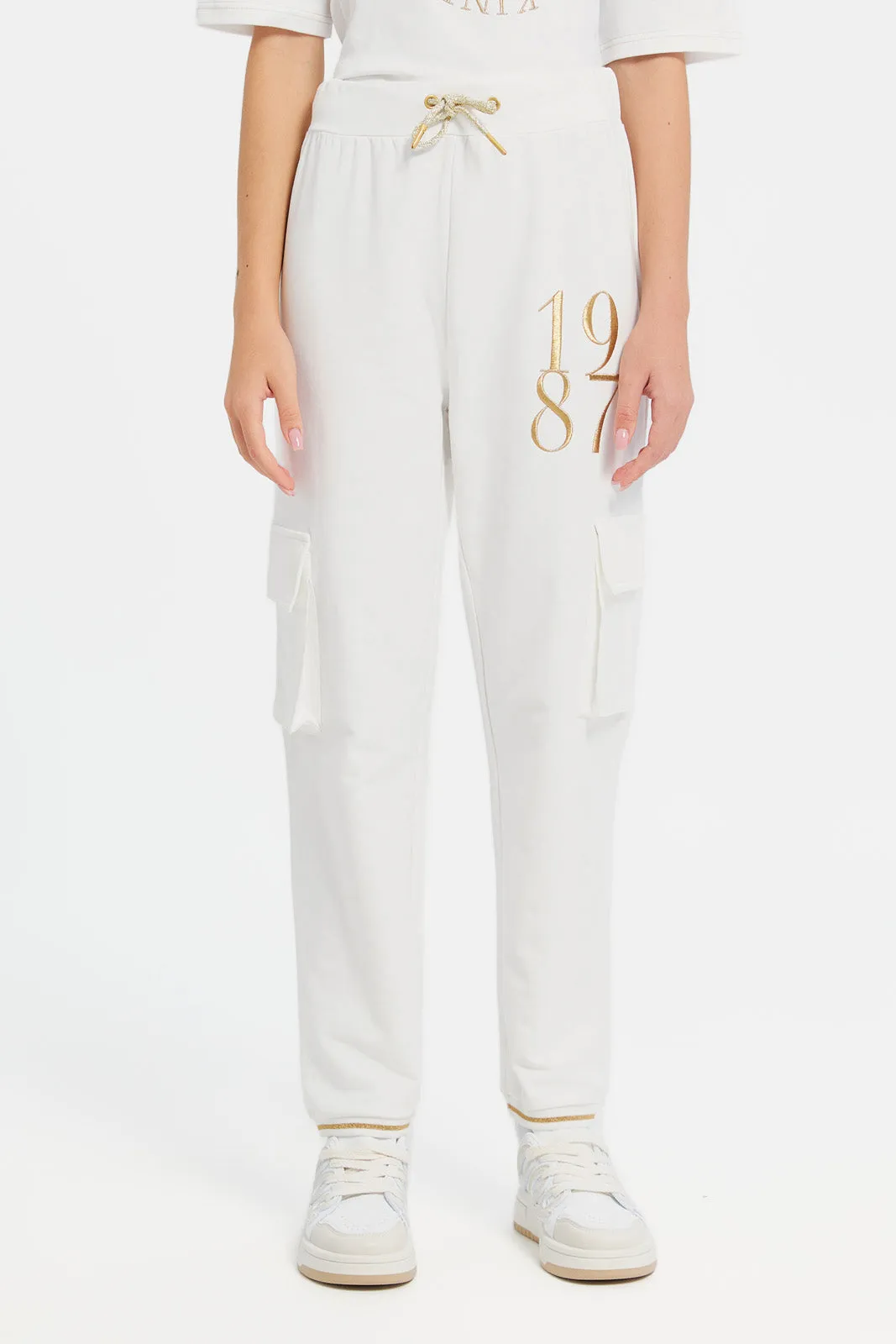Senior Girls White Printed Joggers With Tape