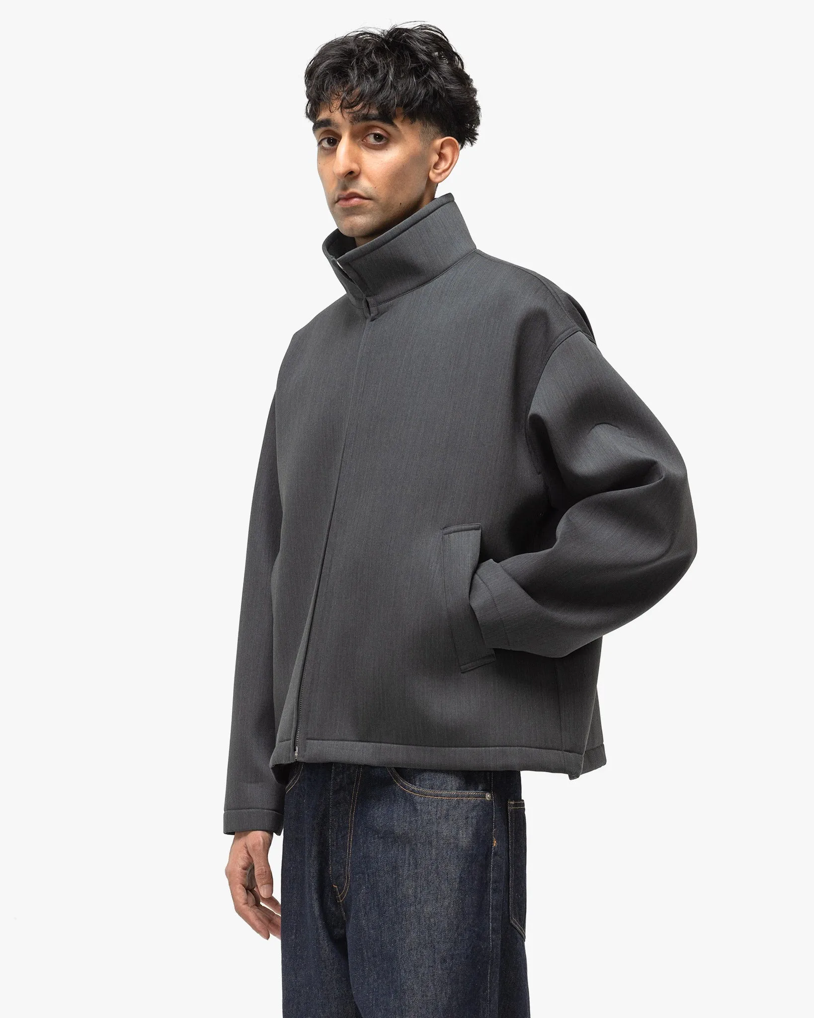 Sponge Wool Twill Zip Blouson Top Charcoal
