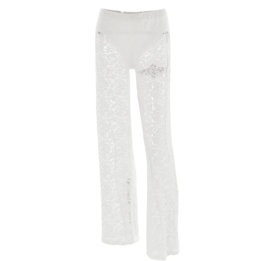 Summer Sexy All Matching Lace See through High Waist Stitching Long Straight Leg Pants