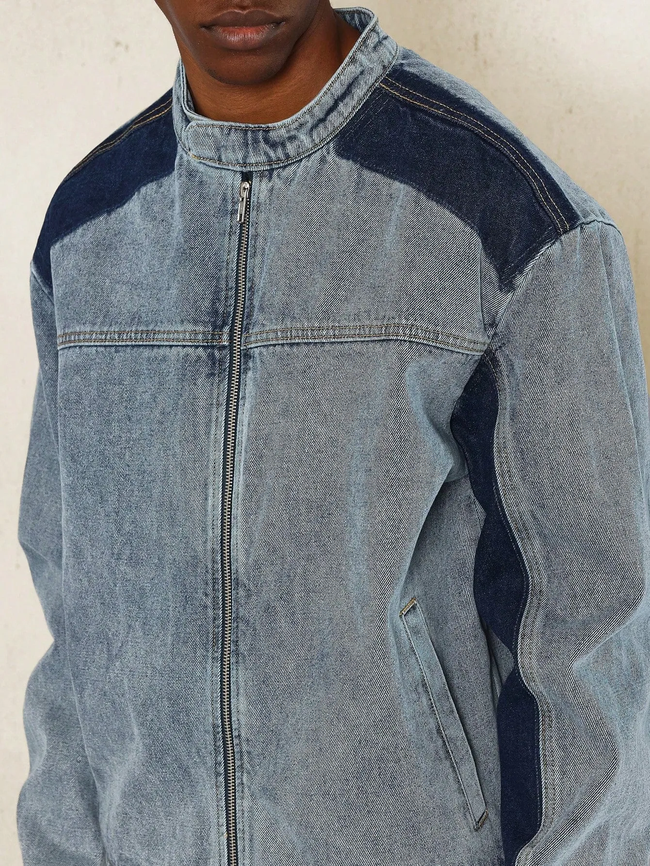 Washed Cropped Worker 2 Tone Denim Jacket