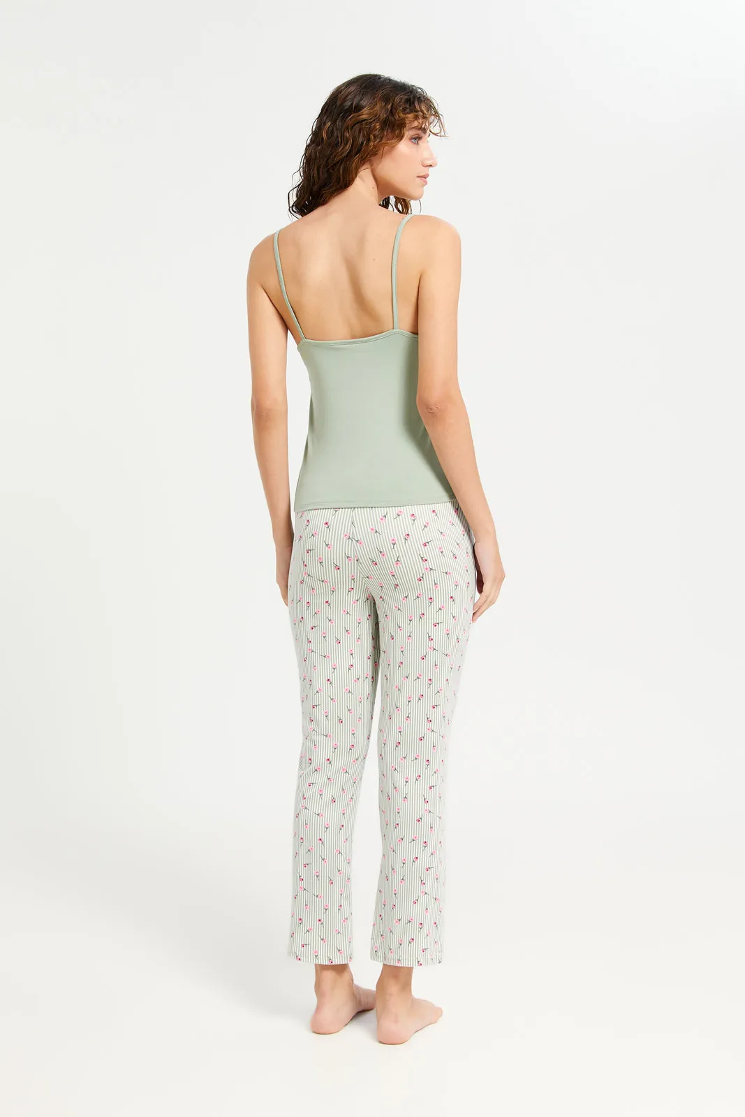 Women Green Printed Long Pants Cami Set (2 Piece)