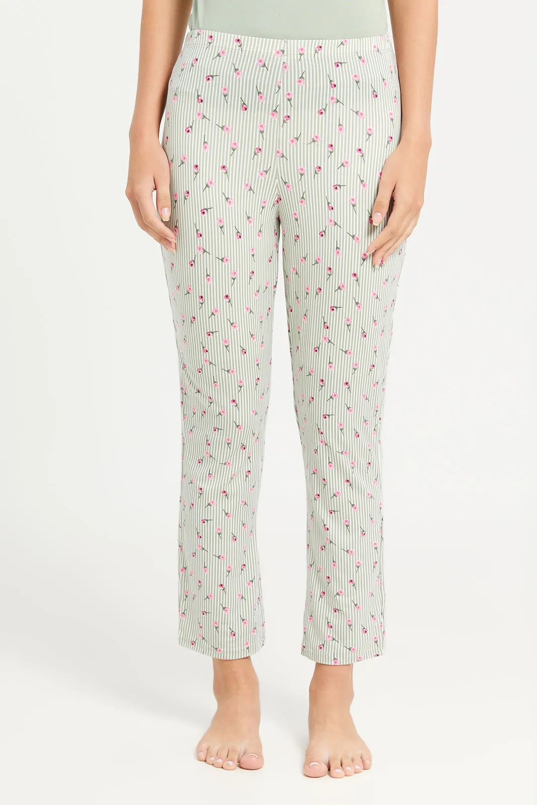 Women Green Printed Long Pants Cami Set (2 Piece)